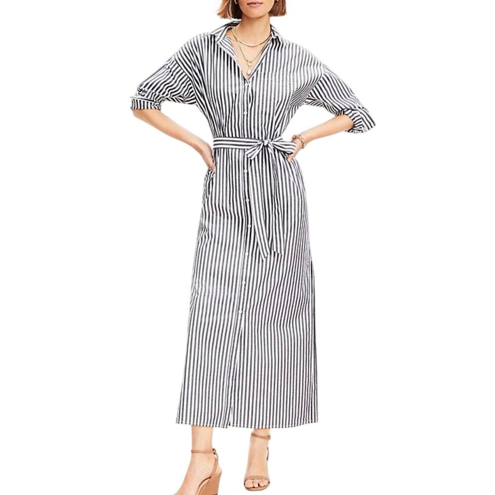 NWOT LOFT size M Belted Striped Poplin Shirt Dress Cotton Collared 3/4 Sleeve